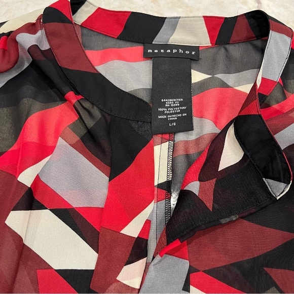 NEW Metaphor | Red, Grey, Black Abstract Cap Sleeve Button Down Blouse | Large - Picture 6 of 8